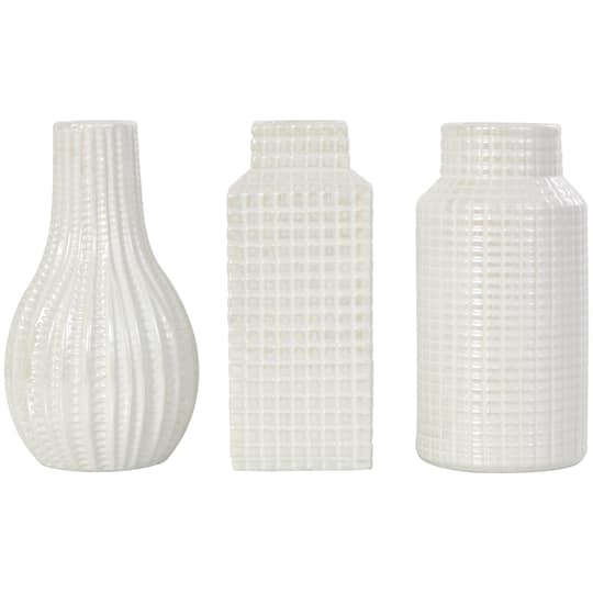 8&#x22; Cream Ceramic Geometric Textured Vase Set